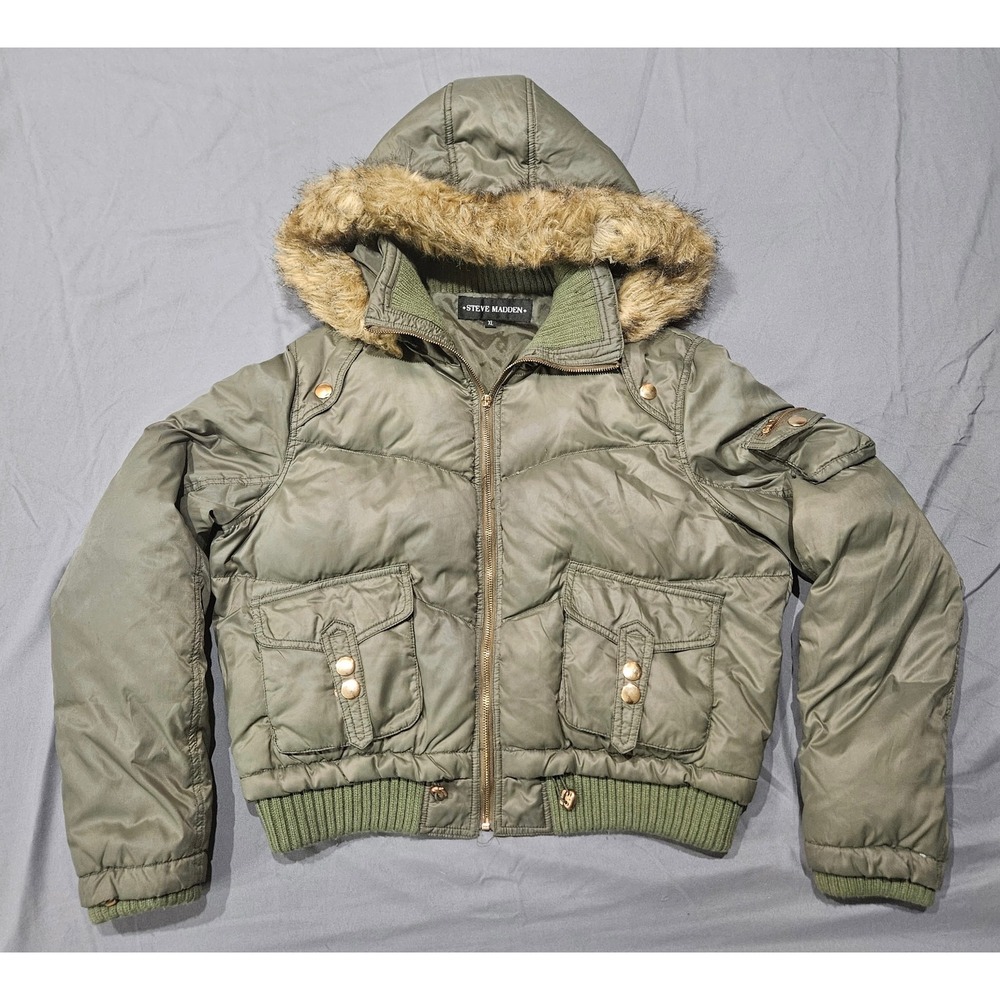 Steve Madden Puffer Jacket Women XL Olive Green Feathers Down Fill Faux Fur Hood